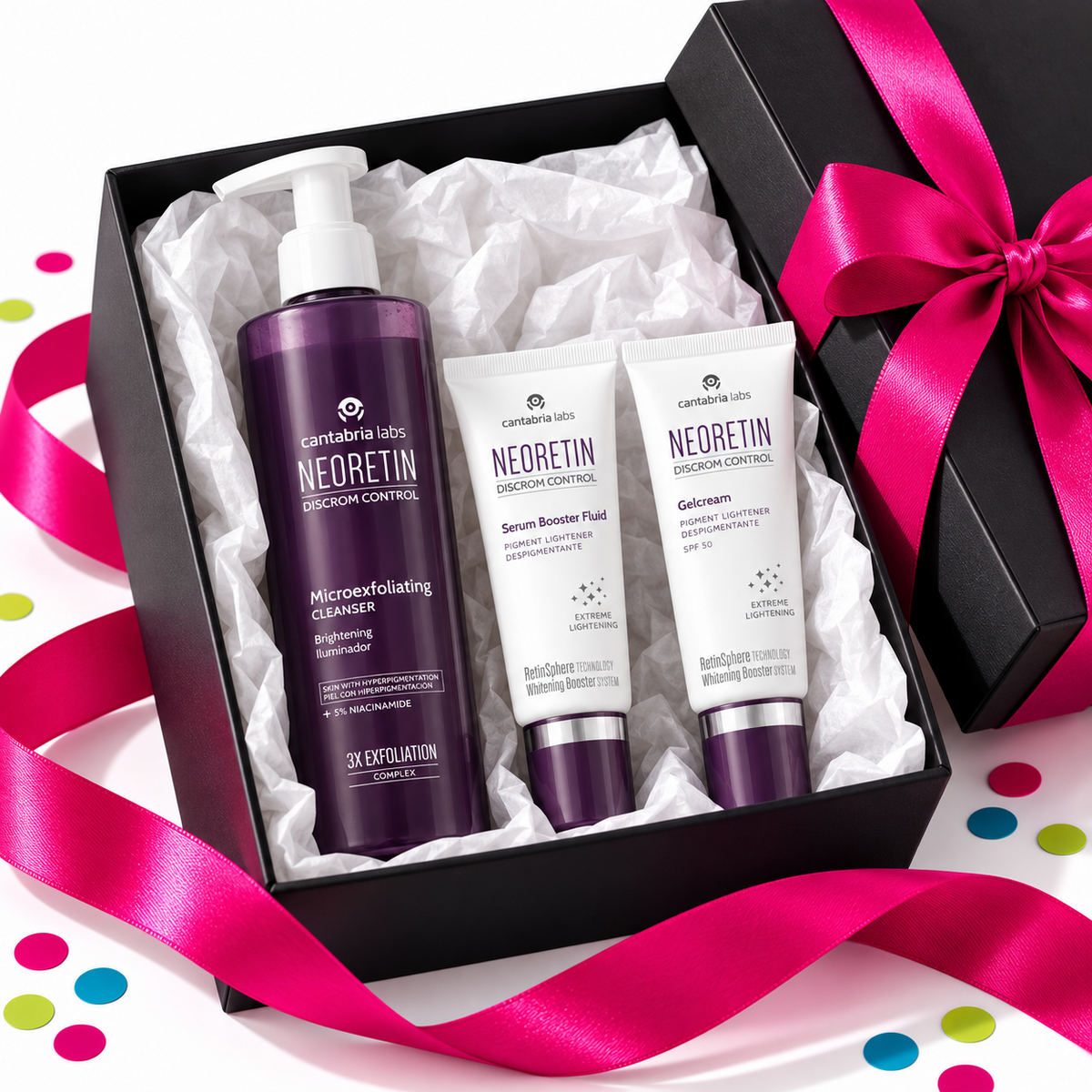 Cadeauset Pigment: Neoretin Cleanser, Serum Booster Fluid en Gelcream SPF 50 in een cadeaudoos