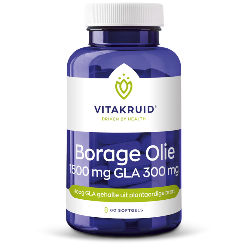 Vitakruid Borage Olie 1500 mg met GLA 300 mg, 60 softgels, verpakking op witte achtergrond
