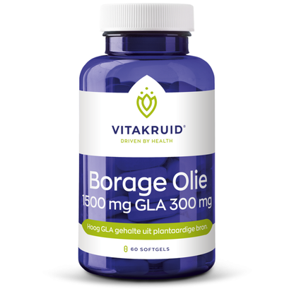 Vitakruid Borage Olie 1500 mg met GLA 300 mg, 60 softgels, verpakking op witte achtergrond