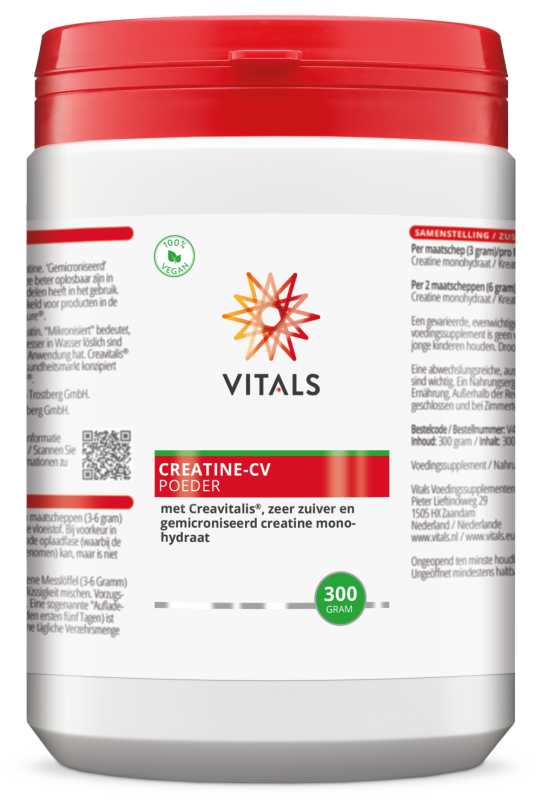 Vitals Creatine-CV poeder, witte pot van 300 gram met rode dop