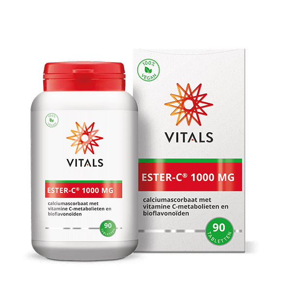 Vitals Ester-C 1000 mg, pot met 90 tabletten naast de verpakking