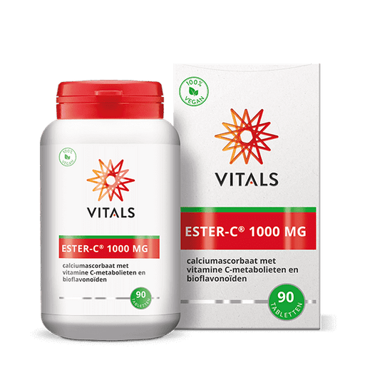 Vitals Ester-C 1000 mg, pot met 90 tabletten naast de verpakking